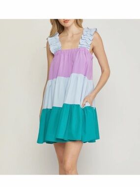 entro Tiered Colorblock Ruffle Strap Dress - Lavender, Light Blue & Teal